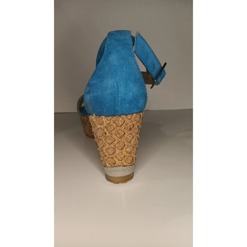 Jimmy Choo Wedge Sandals Blue Suede Cork Espadrilles Made in Spain Size 38 - Picture 9 of 16